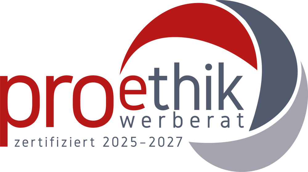 proethik Werbeberatung, zertifiziert 2023-2025, Logo mit roten und grauen Halbkreisen.