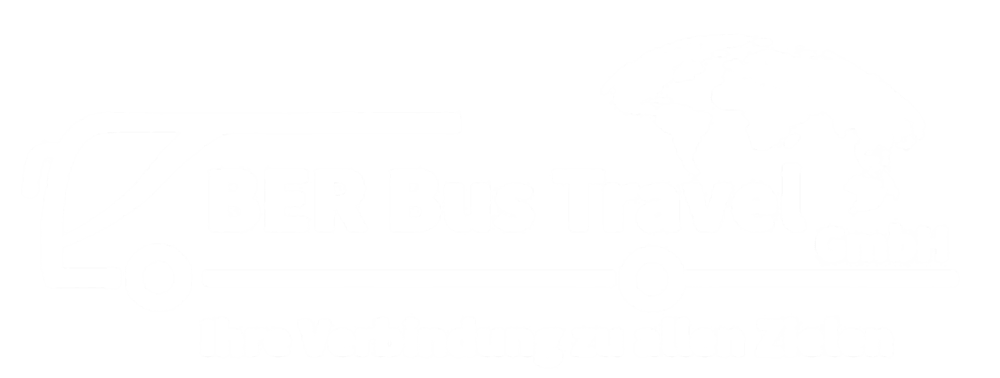 BER Bus Travel GmbH Logo mit Weltkarte und Bus-Umriss, Slogan: "Ihre Verbindung zu allen Zielen".