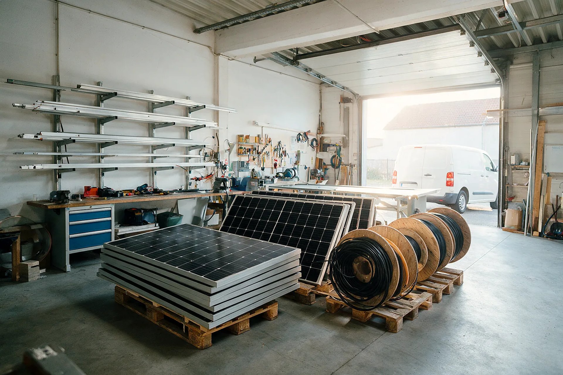 Lager mit Solarmodulen und Montagematerial