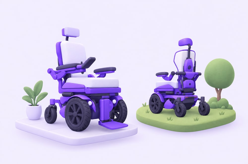 Illustration: Elektrorollstuhl für drinnen und robuster Rollstuhl für draußen