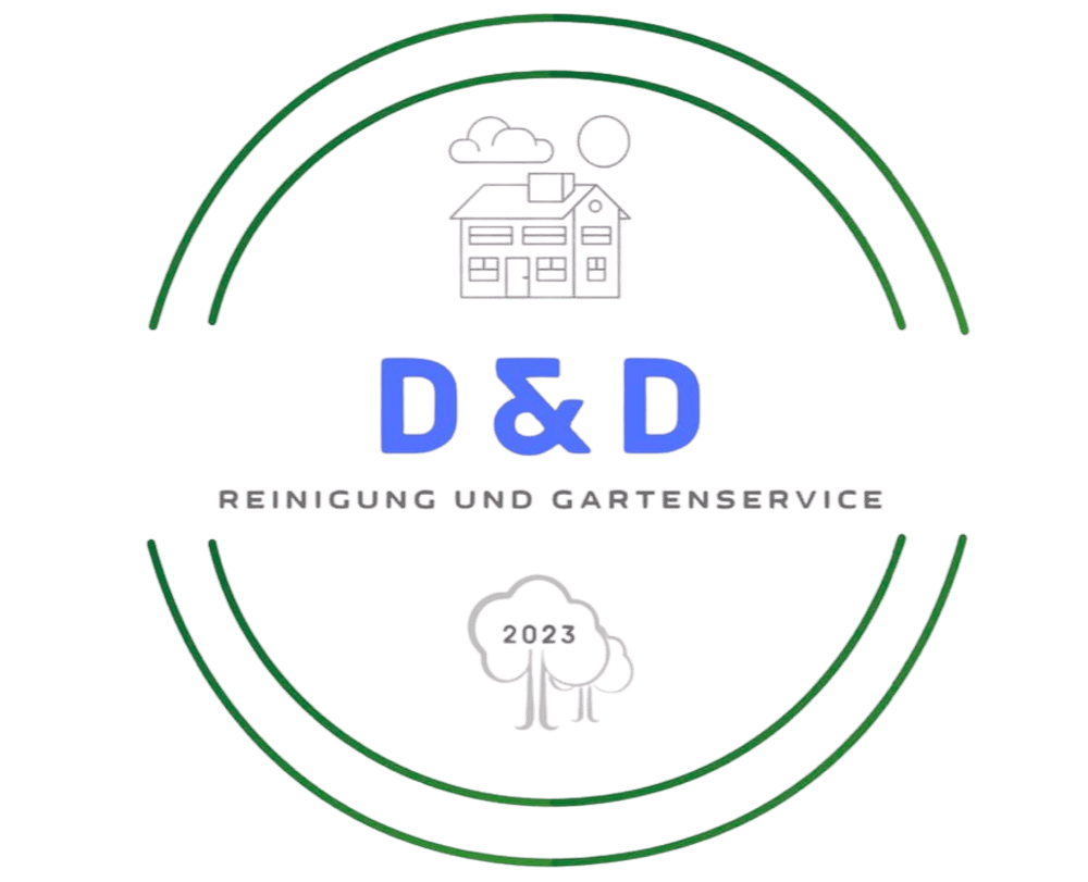 D&D Reinigung und Gartenservice Logo mit Haus, Sonne, Wolken und Baum.
