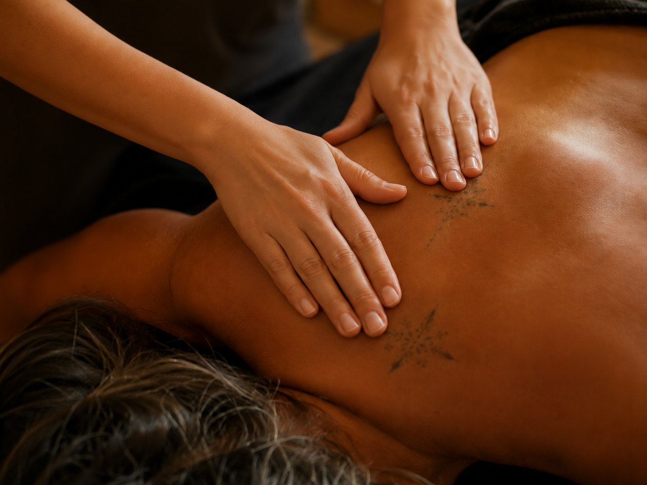 Massagegriff am Rücken einer Kundin während der Wellnessmassage im SWON Studio in Pforzheim