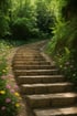 Steinerne Treppe führt durch einen grünen Wald, gesäumt von rosa und gelben Blumen.