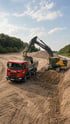 Ein Volvo Kettenbagger belädt einen roten Bäcker Scania Kipper auf einer Erdbaustelle mit Sand.