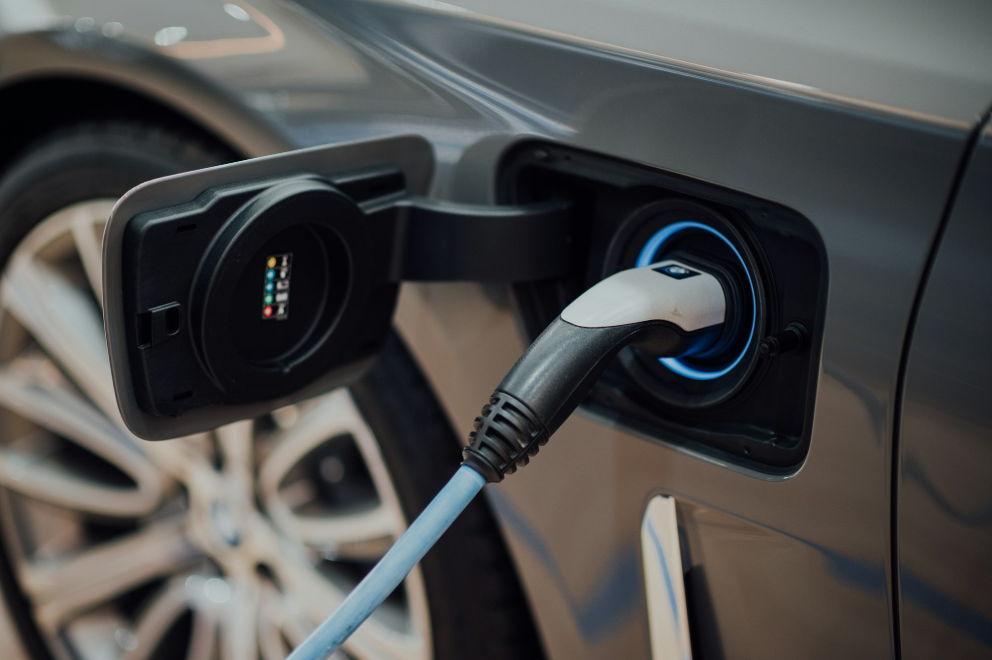 Level 2 charging cable connected to an electric vehicle's charge port