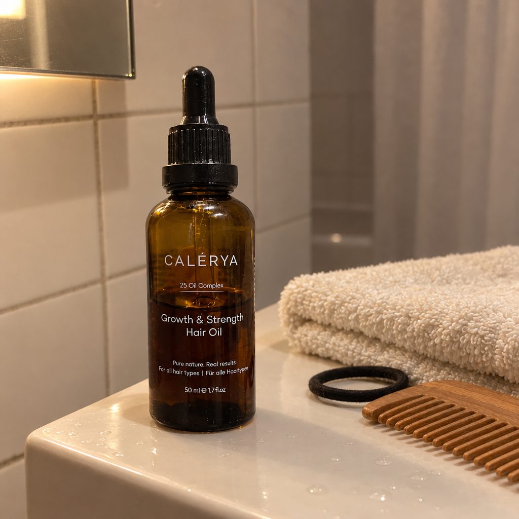 CALÉRYA Haaröl, 50 ml Braunglasflasche mit Pipette, auf dem Waschbecken