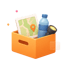 Orangefarbene Box mit einer Landkarte, einer blauen Wasserflasche und einer Taschenlampe im 3D-Stil auf schwarzem Hintergrund - Software für Alarm- und Gefahrenabwehrplanung - Notfall- und Krisenmanager (NKM®).