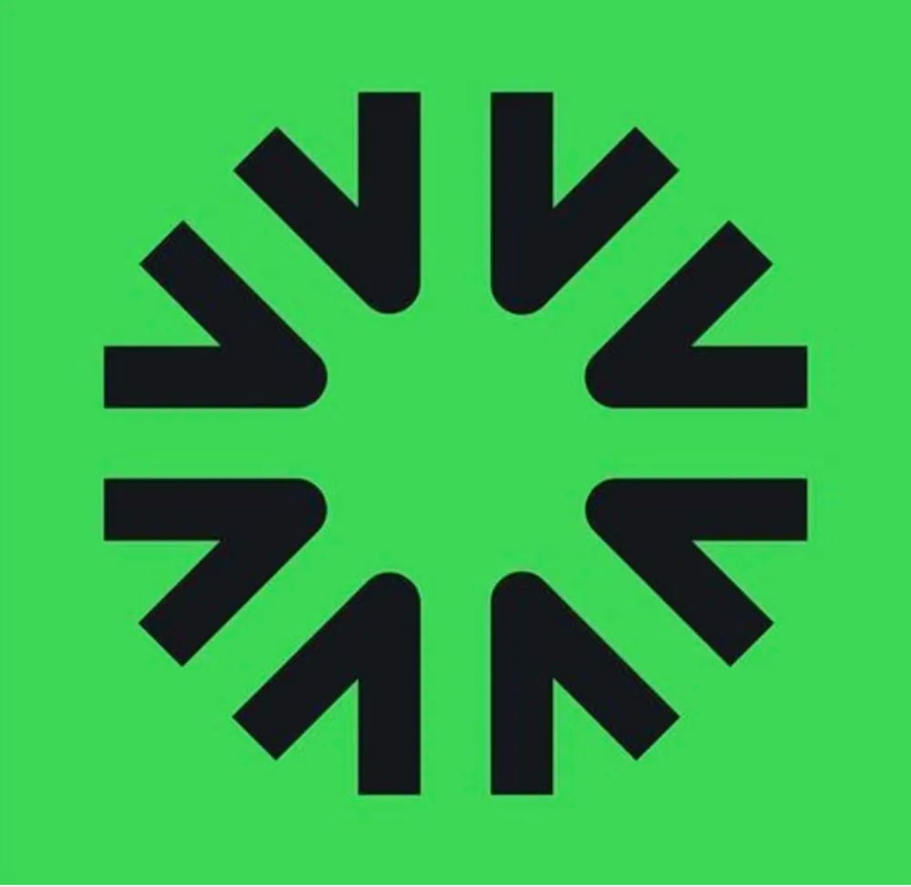 A black spiky starburst shape with eight points on a bright green background.