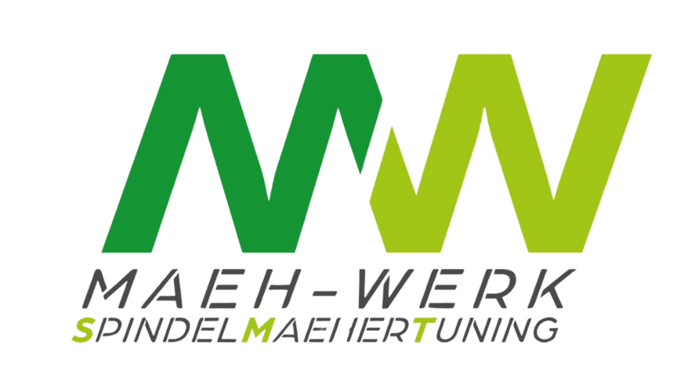 Grünes "MW" Logo mit den Wörtern "MAEH-WERK" und "SPINDELMAEHERTUNING" darunter.
