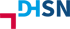 DHSN Logo mit einem roten winkelähnlichen Symbol auf schwarzem Hintergrund.