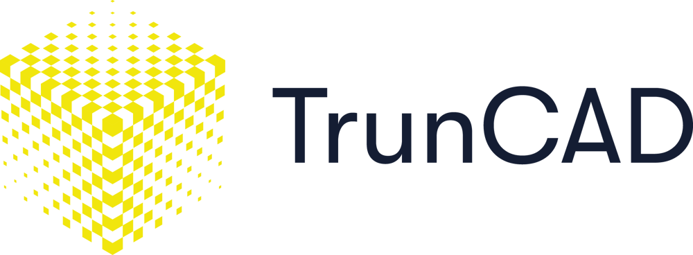 TrunCAD logo with a yellow pixelated cube graphic on the left and "TrunCAD" text in dark blue on the right.