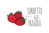 Drei rote Erdbeeren neben dem Text "SORBETTO ALLA FRAGOLA" mit einem Pfeil.