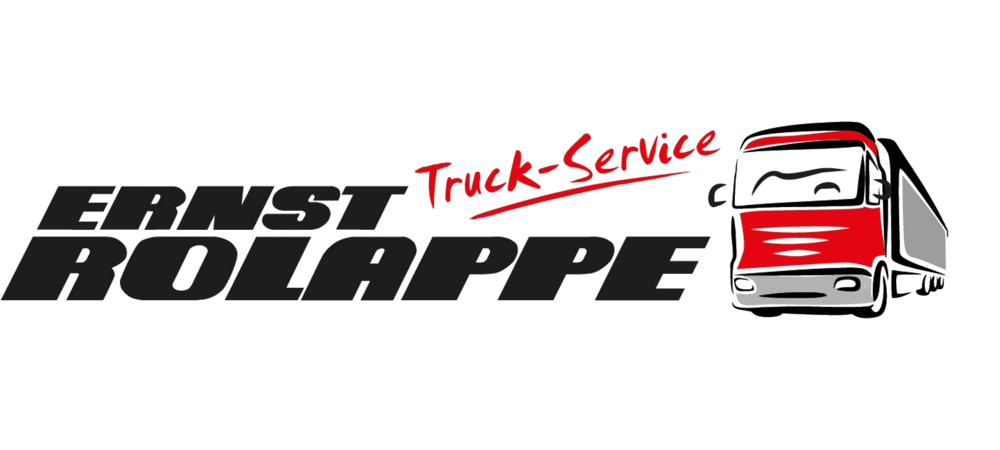 Ernst Rolappe Truck-Service Logo mit einem rot-weißen LKW vor schwarzem Hintergrund.