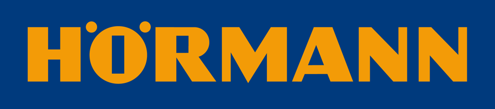 Orangefarbenes "HÖRMANN"-Logo auf blauem Hintergrund.