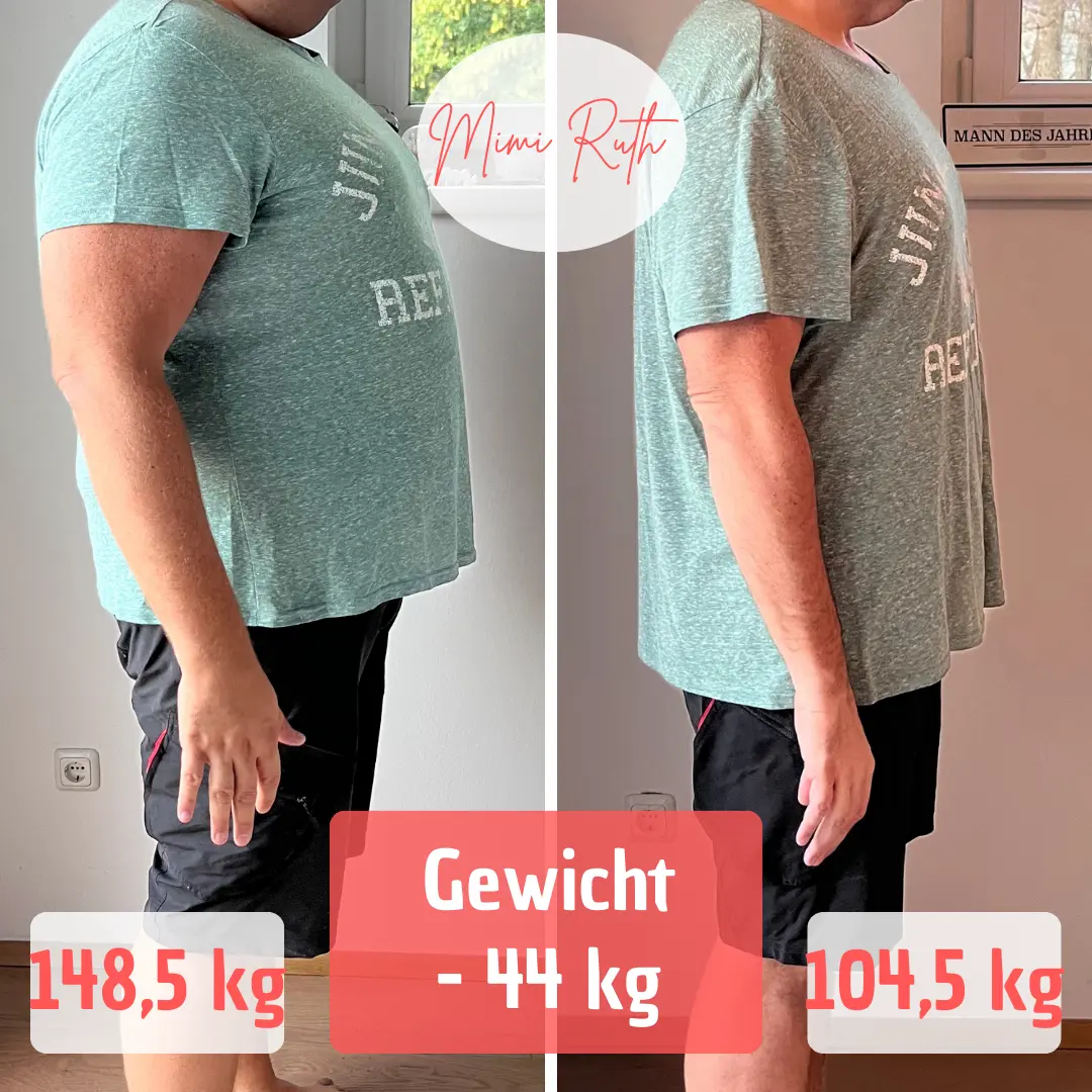 Mann vor und nach Gewichtsverlust, mit Gewichtsangaben 148,5 kg, minus 44 kg, 104,5 kg.
