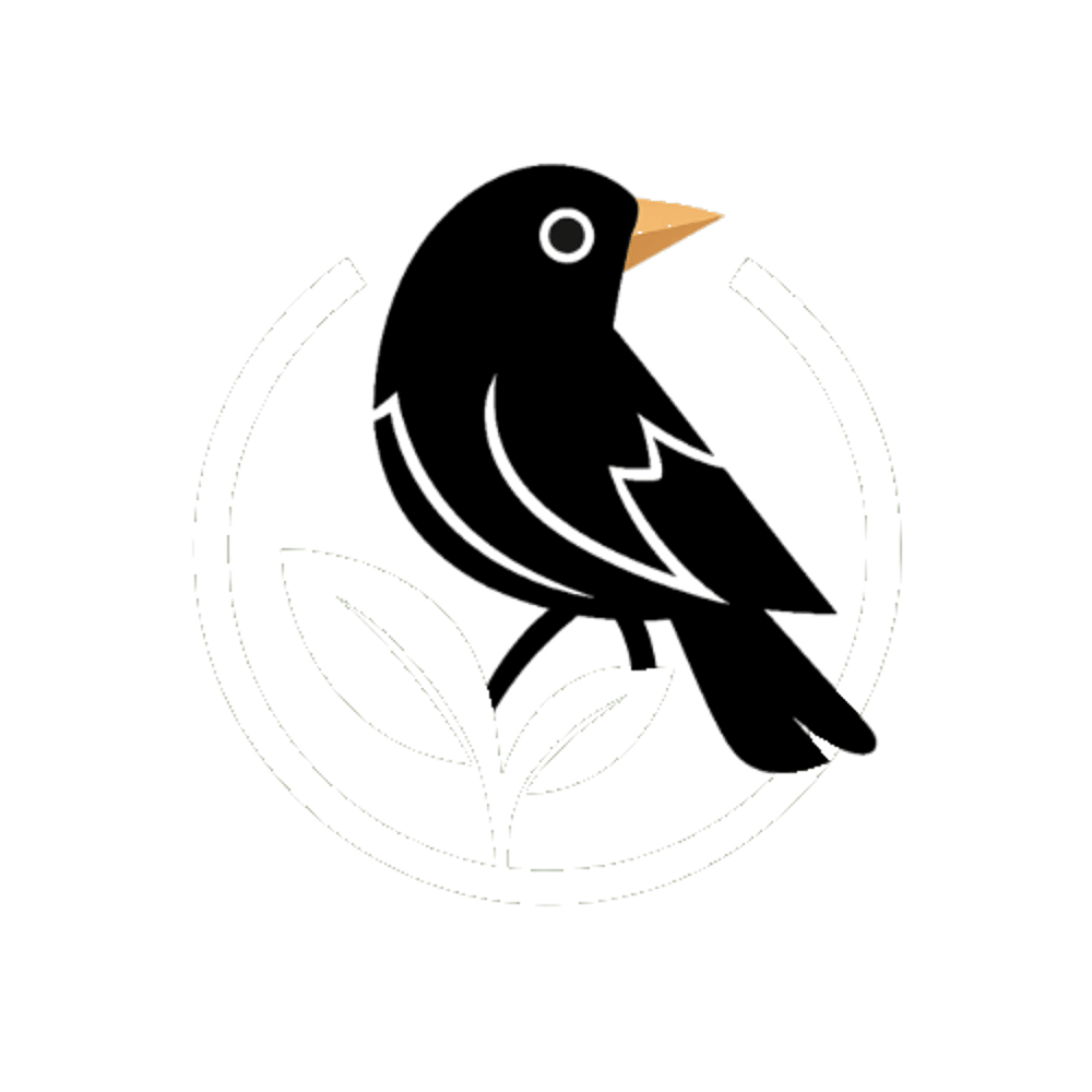 Das kreisrunde Firmenlogo, das eine schwarze Amsel auf einem weißen Zweig sitzend zeigt.