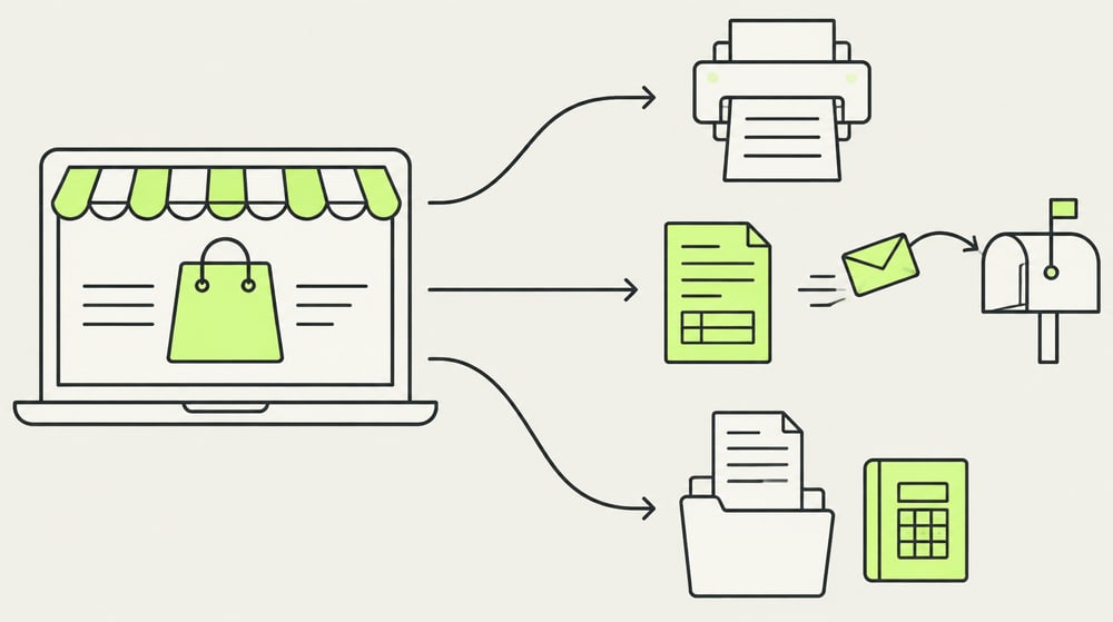 Illustration: von einem Laptop mit Onlineshop führen drei Wege zu einer Rechnung, einer aus dem Drucker, einer als Brief in einen Briefkasten, einer in einen Ordner der Buchhaltung