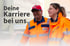 Zwei lächelnde Mitarbeitende in oranger Warnschutzkleidung vor einem Lkw mit dem Text: Deine Karriere bei uns.