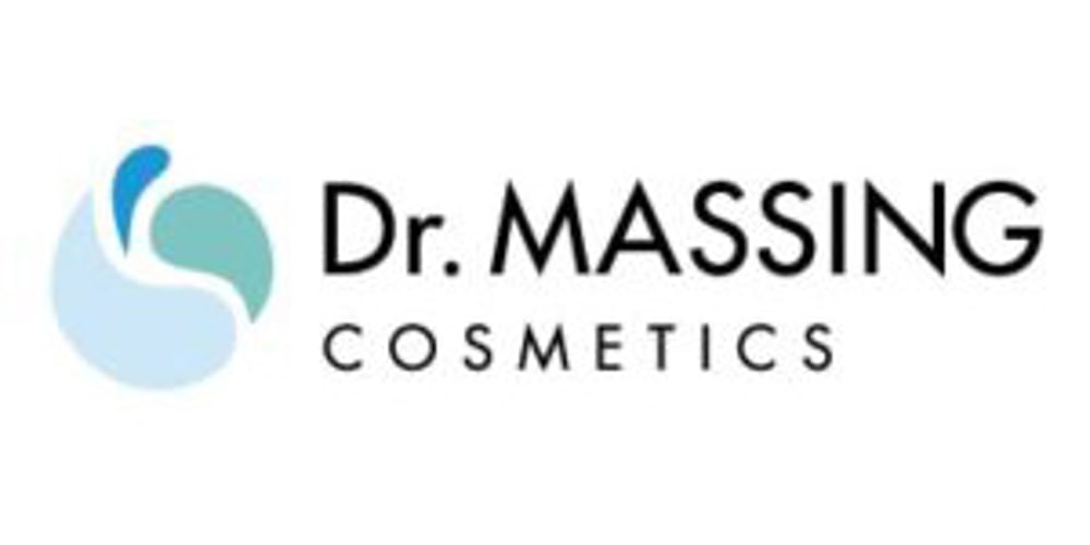 Dr. Massing Cosmetics Logo mit einem abstrakten, kreisförmigen Symbol in Blau- und Türkistönen auf weißem Hintergrund.