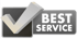 Graues und schwarzes Abzeichen mit einem Häkchen und dem Text „BEST SERVICE“.