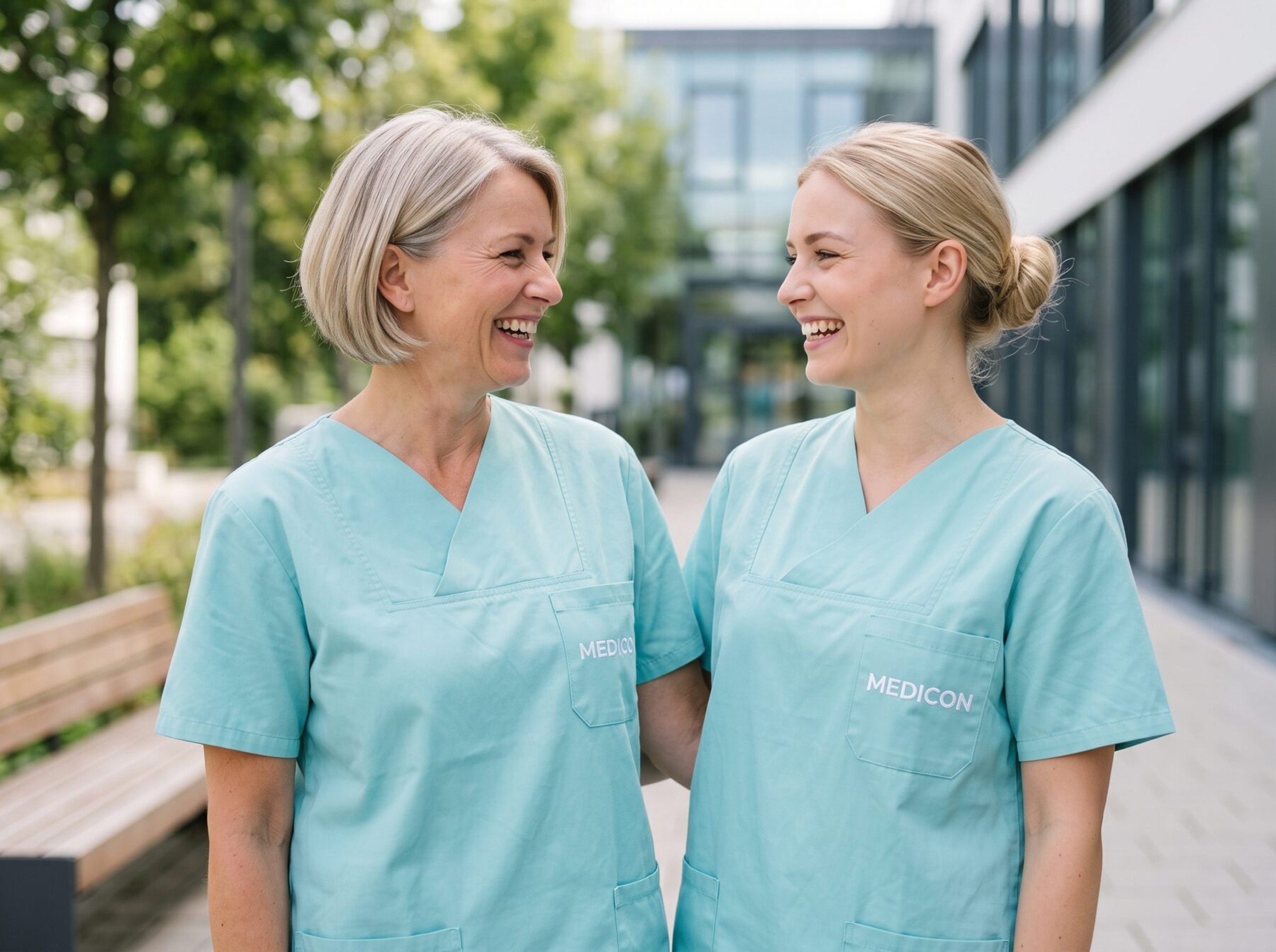 Zwei Medicon-Kolleginnen lachen zusammen vor der Klinik