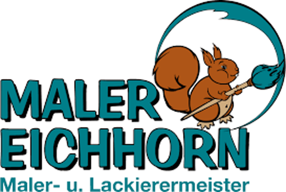 Maler Eichhorn Logo: Ein Eichhörnchen mit Pinsel und Farbtopf, umrahmt von einem türkisen Kreis.