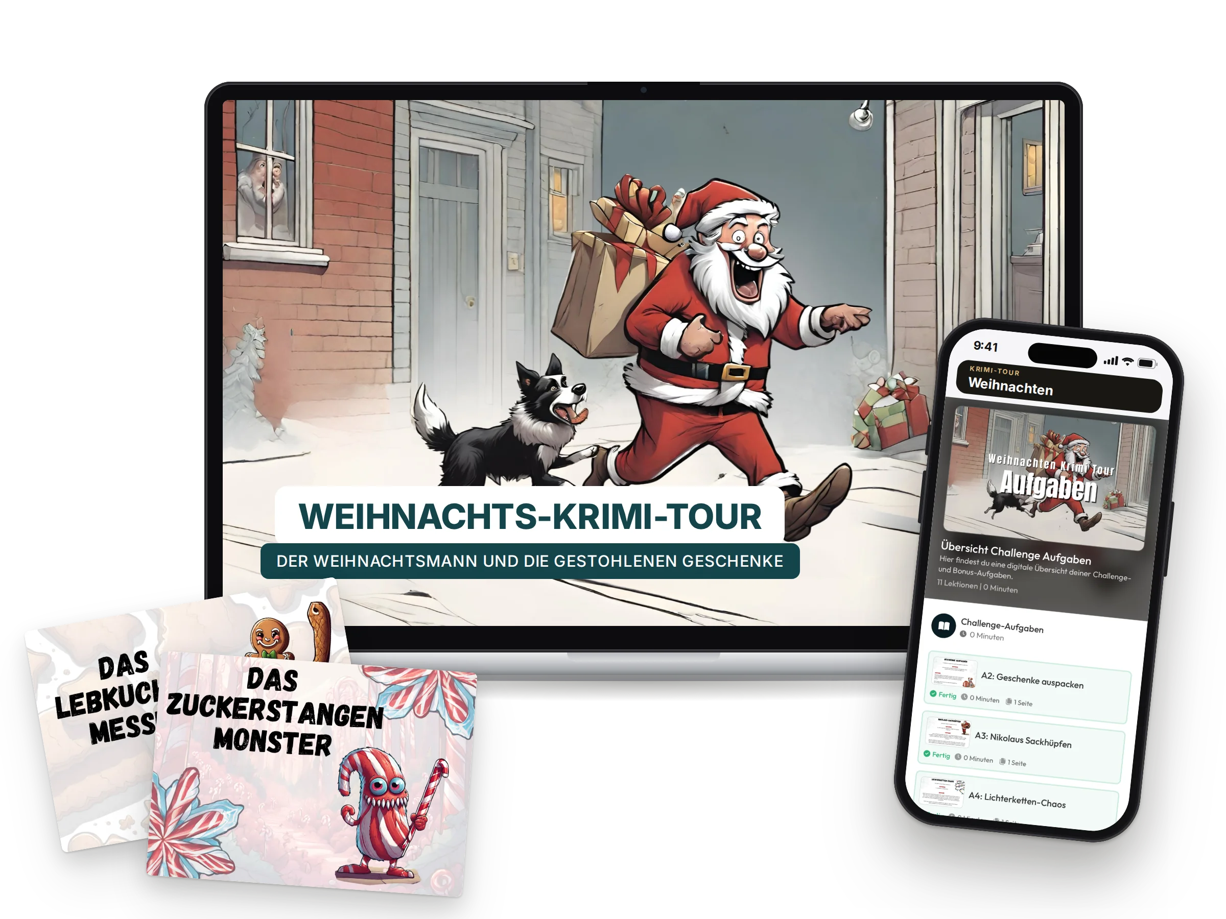 Mockup Weihnachts-Krimi-Tour auf Laptop, Handy und Karten