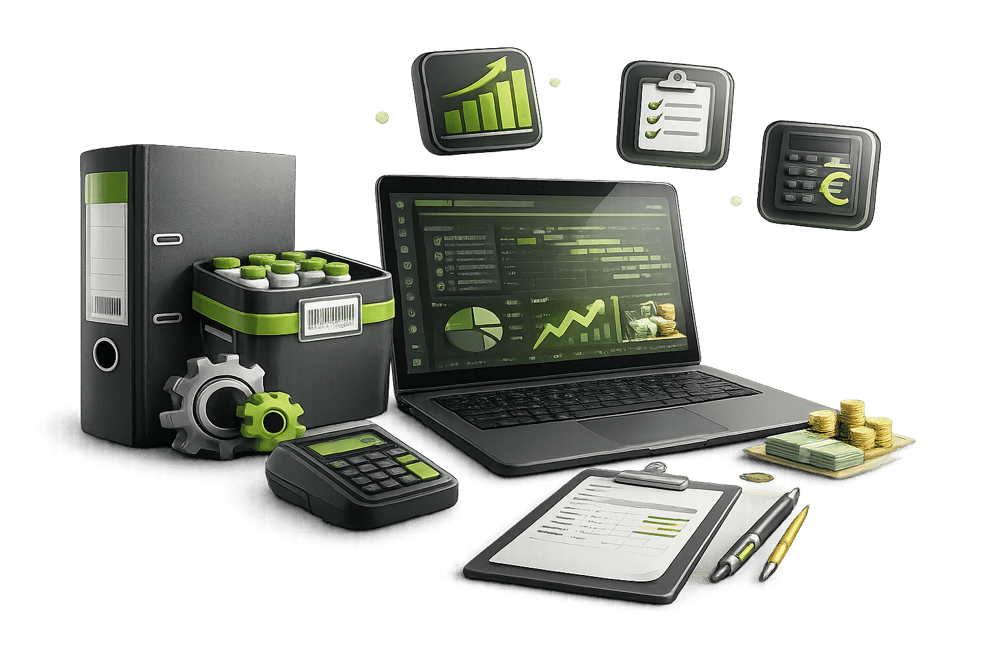 Laptop mit Finanz-Dashboards, Aktenordnern und Taschenrechner als Sinnbild für Büroarbeitsplätze von Beratern und Dienstleistern in Bad Homburg