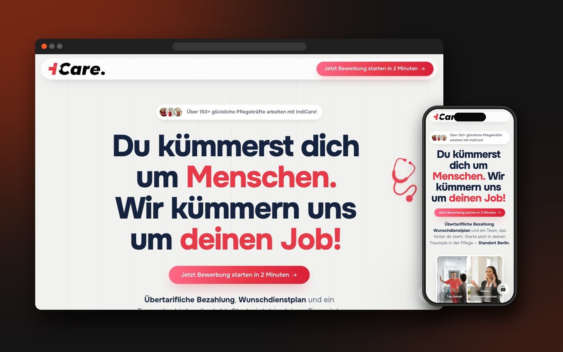 Karriere-Landingpage von IndiCare auf Desktop und Smartphone