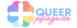 Logo: Buntes Blütenmuster mit weißem Pluszeichen und Text "QUEERpflege.de" in Hellblau und Pink.