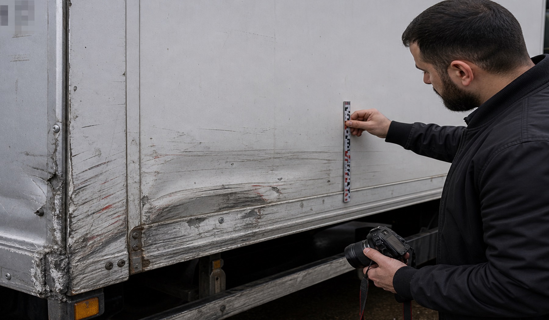 Detailaufnahme und Messung an einem Nutzfahrzeugschaden