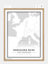 Karte von Europa in einem Holzrahmen, die eine Reise von Köln nach Barcelona darstellt.