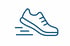 Blaues Icon eines Sportschuhs in Bewegung mit horizontalen Linien zur Darstellung von Geschwindigkeit.