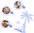 Illustration von Personen, die über E-Mail-Marketing verbunden sind, mit KlickTipp-Logo und einer Palme.