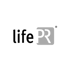 Schwarzes "life" und graues "PR" Logo mit einem Punkt über dem "R".