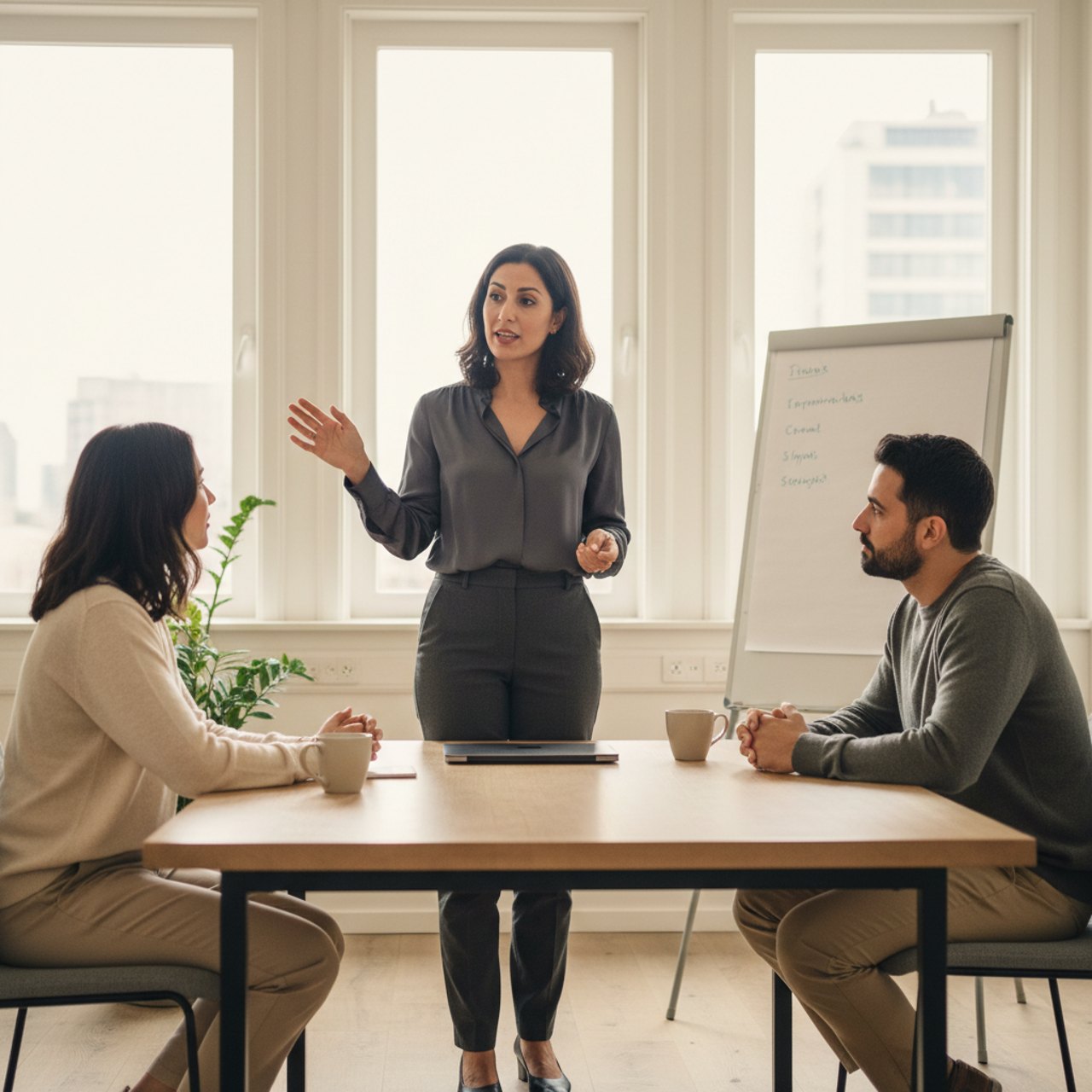 Eine Unternehmerin leitet eine Teambesprechung