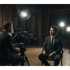 Zwei Männer in Anzügen bei einem Interview, einer filmt, der andere sitzt unter Beleuchtung.