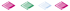 Vier stilisierte Rauten mit horizontalen Linien in den Farben Pink, Grün, Hellblau und erneut Pink auf schwarzem Hintergrund.