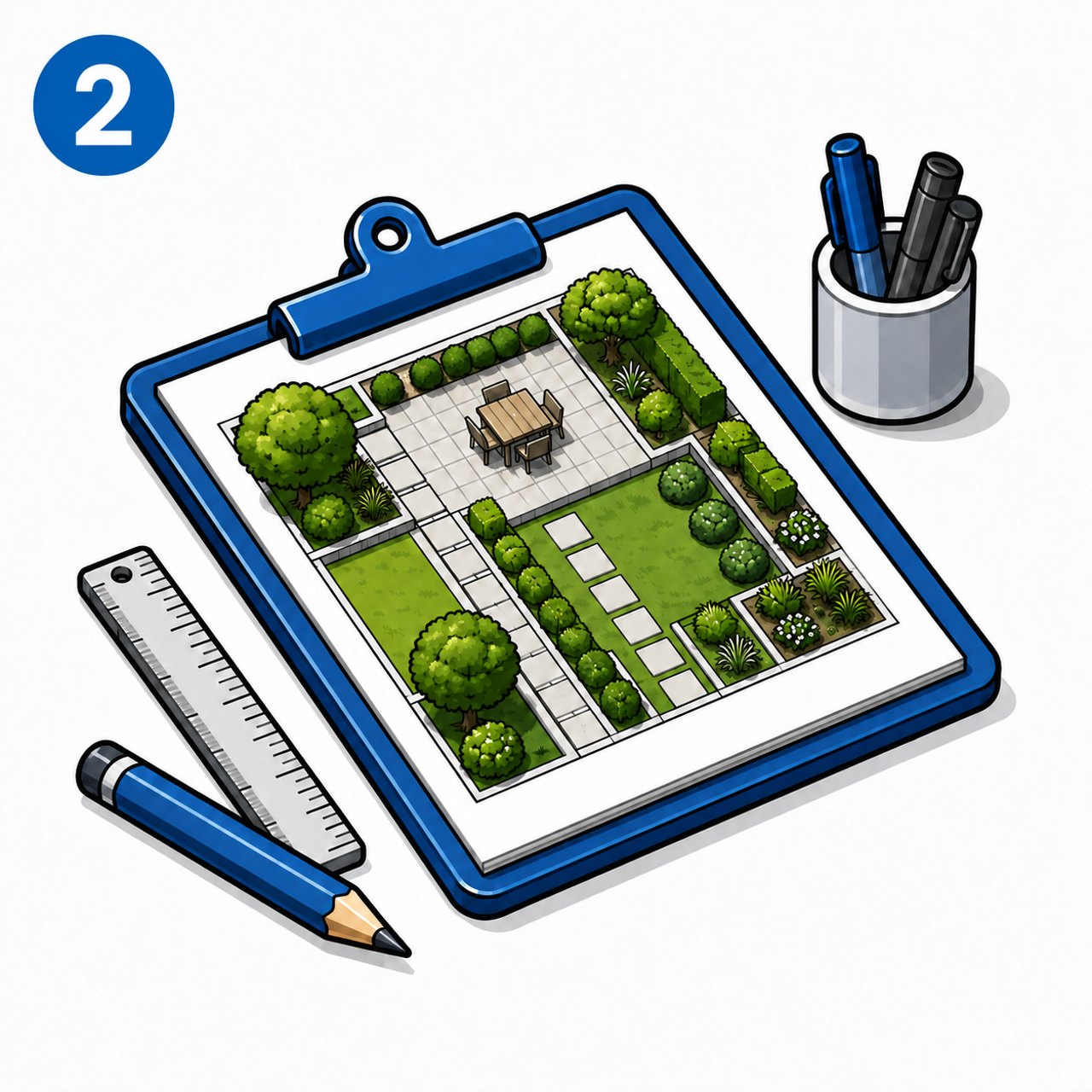 Gartenplan mit Stift und Lineal auf einem Klemmbrett