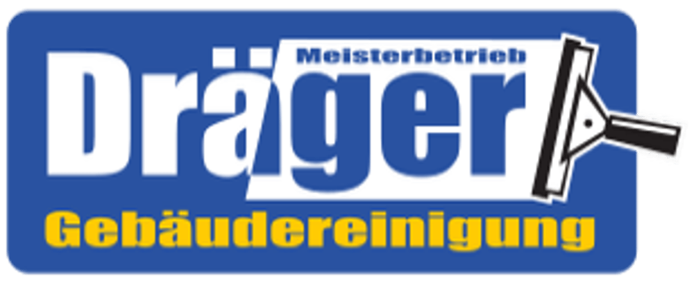 Logo Dräger Gebäudereinigung Meisterbetrieb mit einem Fensterabzieher auf blauem Hintergrund.