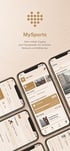 MySports Fitness App auf mehreren Smartphones mit Trainingsplänen, Terminen und Selfservice-Funktionen in beige-braunem Design.