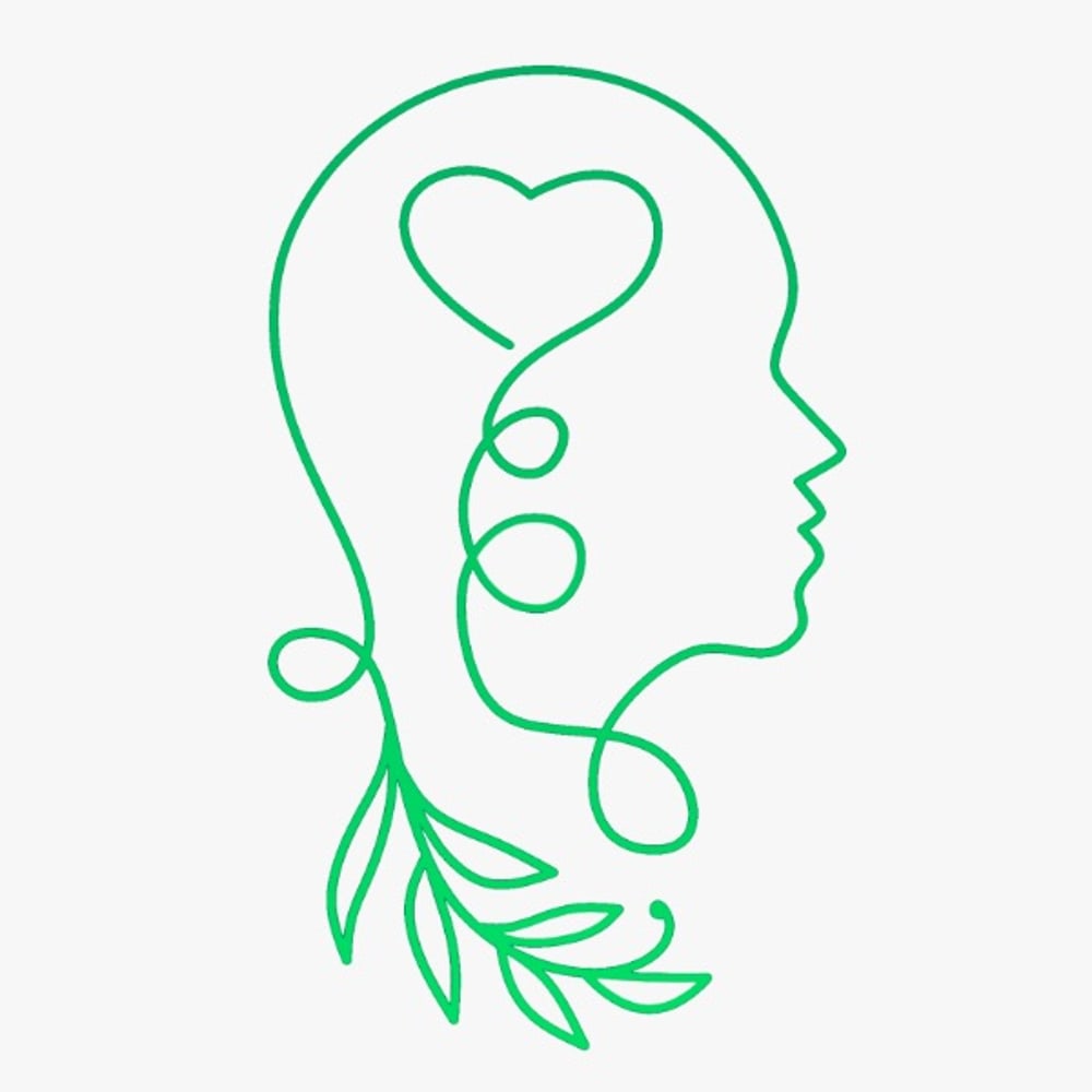 Grüne Linienzeichnung eines Kopfprofils mit einem Herz im Gehirnbereich und Blättern am Hals auf weißem Hintergrund.