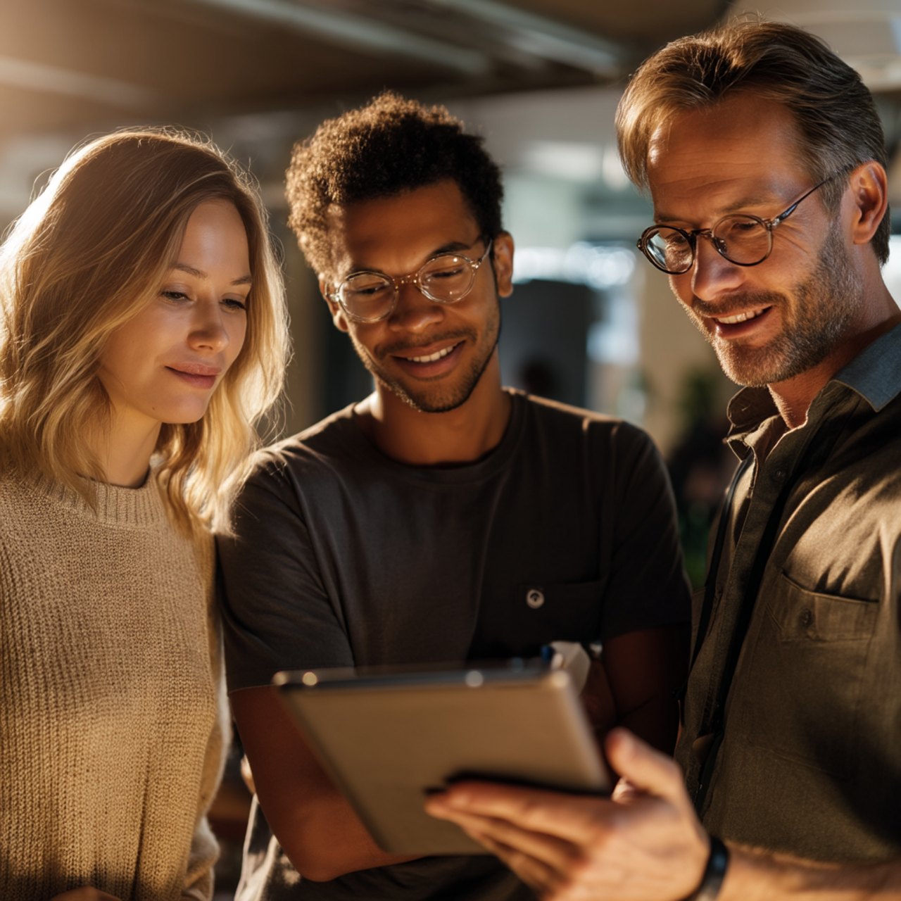 Three colleagues looking together at a tablet and smiling.