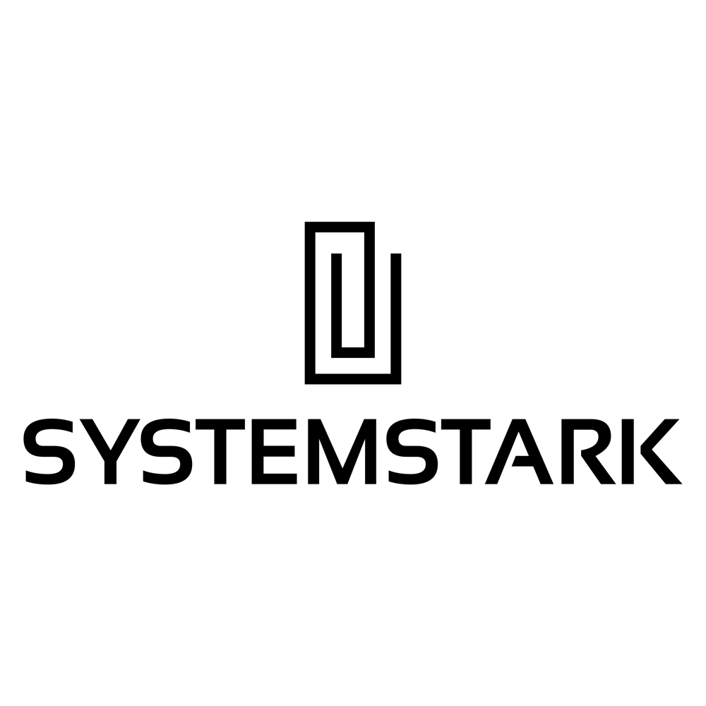 SYSTEMSTARK Logo mit zwei verschachtelten Rechtecken in Türkis auf dunkelgrünem Hintergrund.