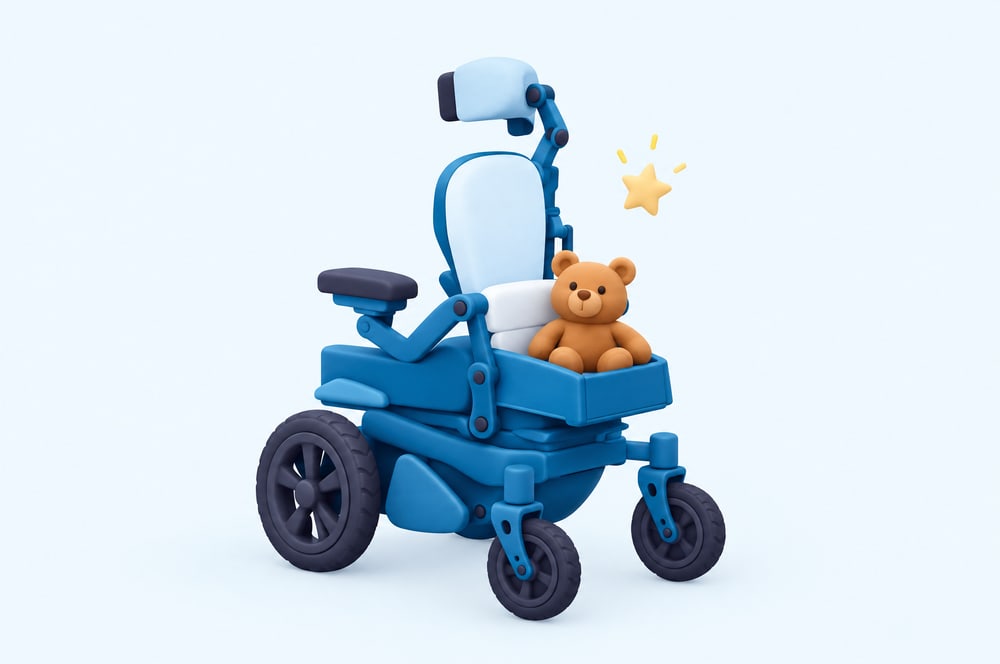 Illustration: Kinder-Elektrorollstuhl mit Teddybär auf dem Sitz