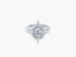 Silberner Ring mit einem zentralen runden Diamanten, umgeben von einem sternförmigen Kranz aus kleineren Edelsteinen.