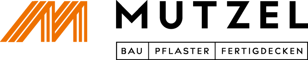 Orangefarbenes "M"-Logo mit gepunkteten Linien, daneben der schwarze Text "MUTZEL" und darunter "BAU PFLASTER FERTIGDECKEN".