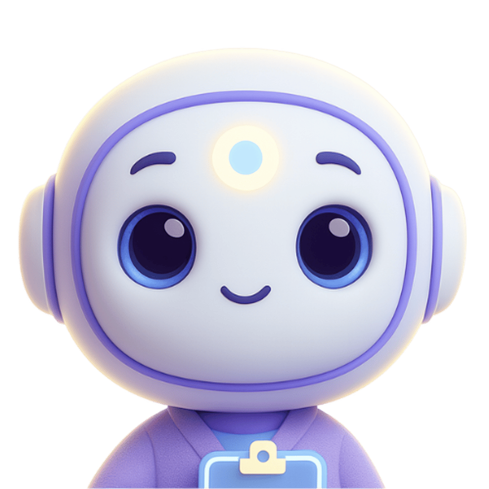 Ein freundlicher, weißer 3D-Roboter mit blauen Augen und einem leuchtenden Punkt auf der Stirn namens AiVer.