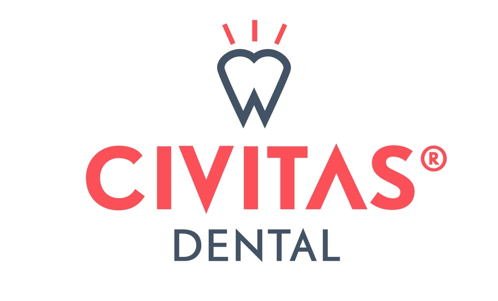 CIVITAS DENTAL Logo: grauer Zahn mit roten Strahlen, darunter rotes "CIVITAS" und graues "DENTAL".