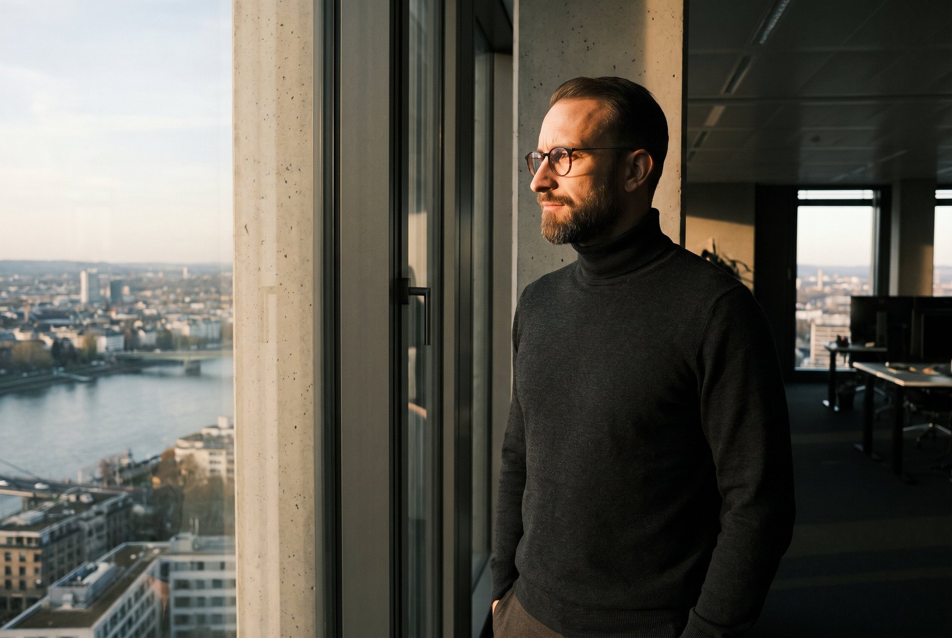 Erik Rulands am Fenster über der Stadt